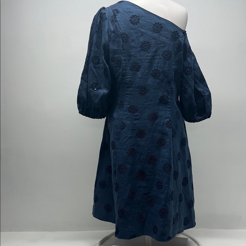 Figue Darcy Dress Linen Eyelet Floral Off The Shoulder Mini Navy Blue Size 8 - Picture 7 of 11